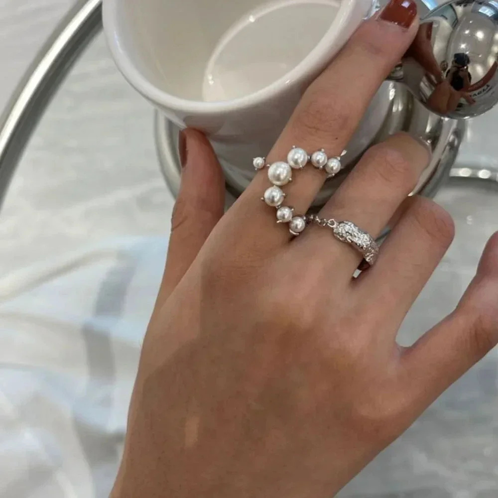 Minimalist 925 Sterling Silver Pearl Wrap C-Shaped Ring Geometric Modern Ring